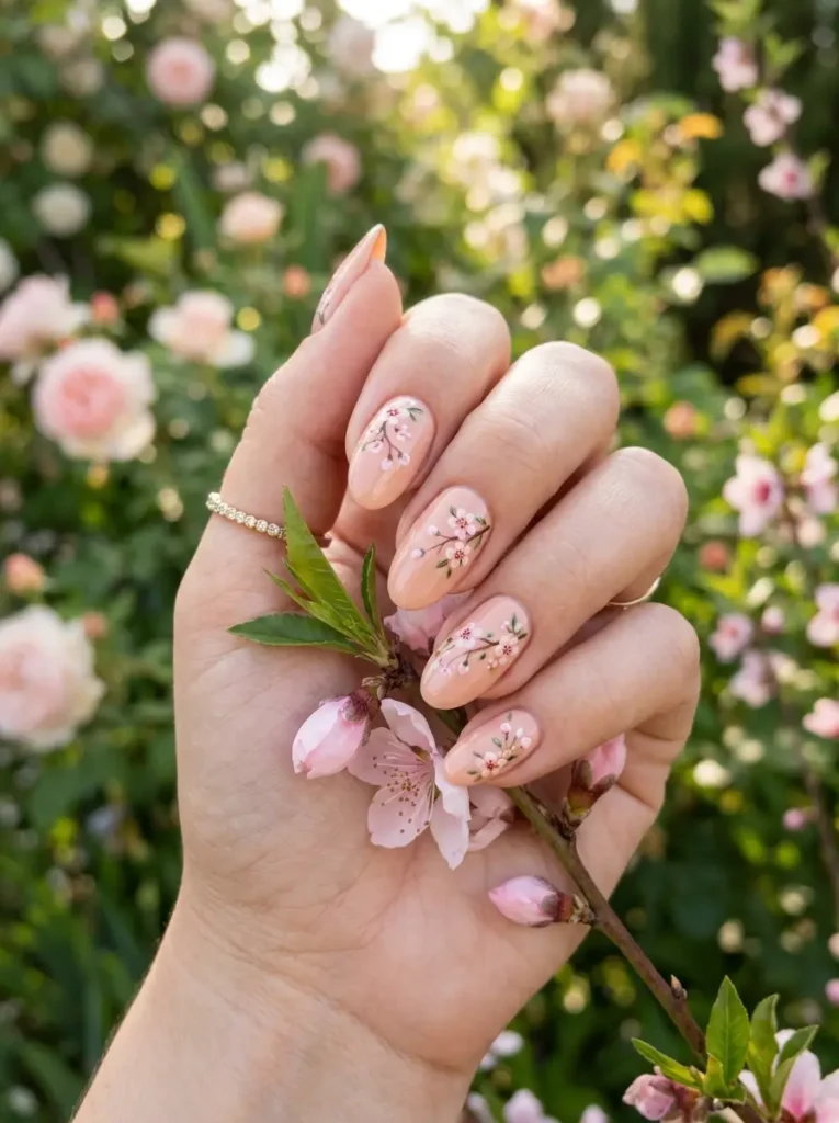 9: Peach Blossom Floral Nails