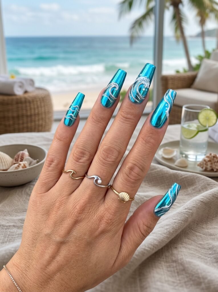 3: Ocean Chrome Wave Nails