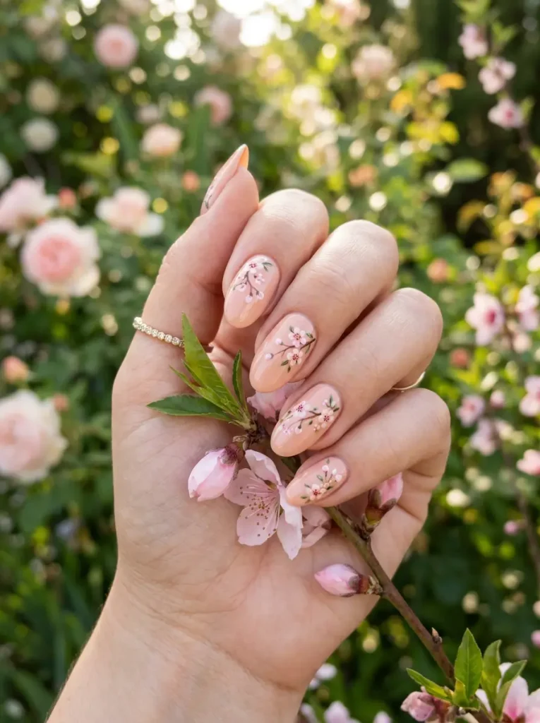 9: Peach Blossom Floral Nails
