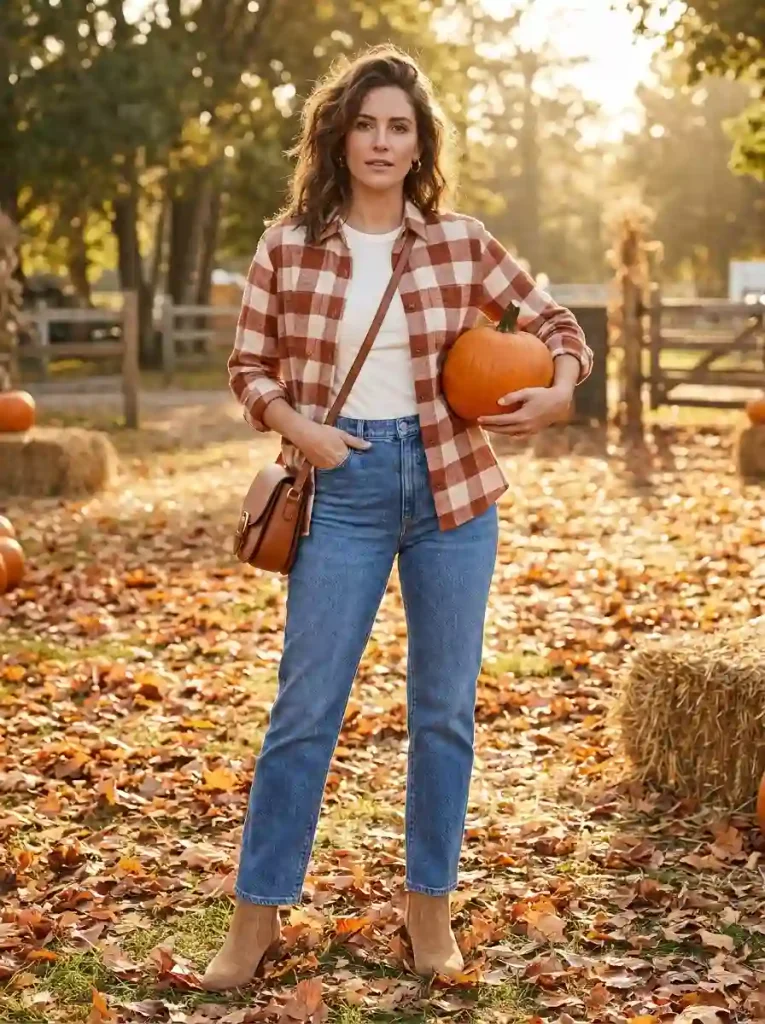 1. Cozy Pumpkin-Patch Flannel & Denim Look