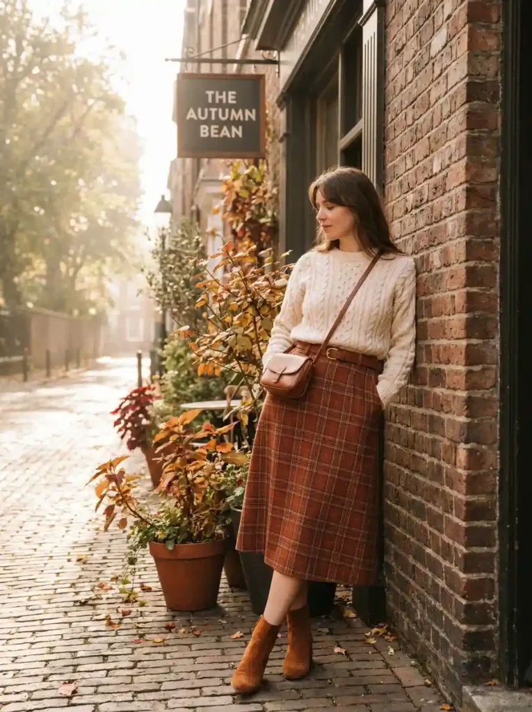 1. Cream Sweater, Plaid Skirt & Boots