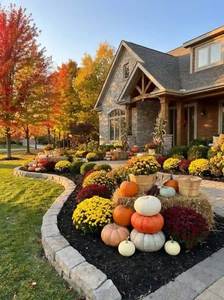1. Layered Pumpkin and Mum Front Yard Display