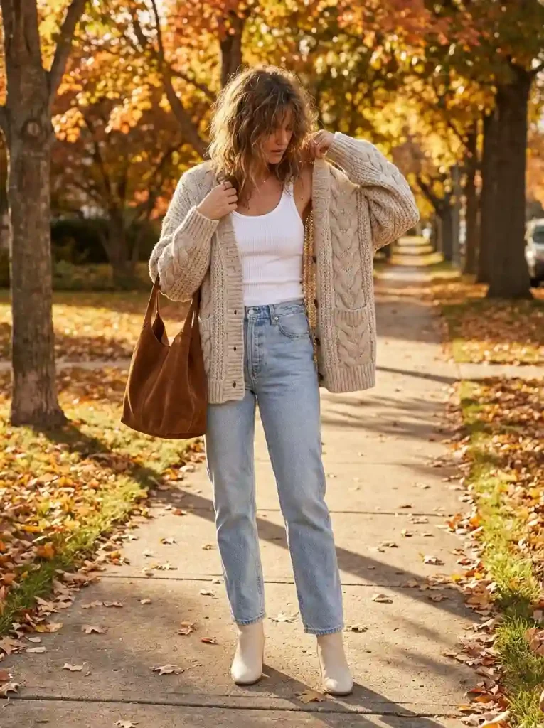 1. Oversized Oatmeal Cardigan and Relaxed Jeans
