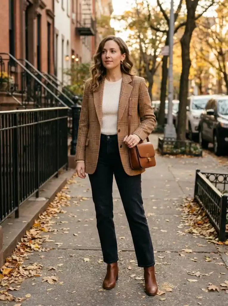 1. Plaid Blazer & Dark Denim