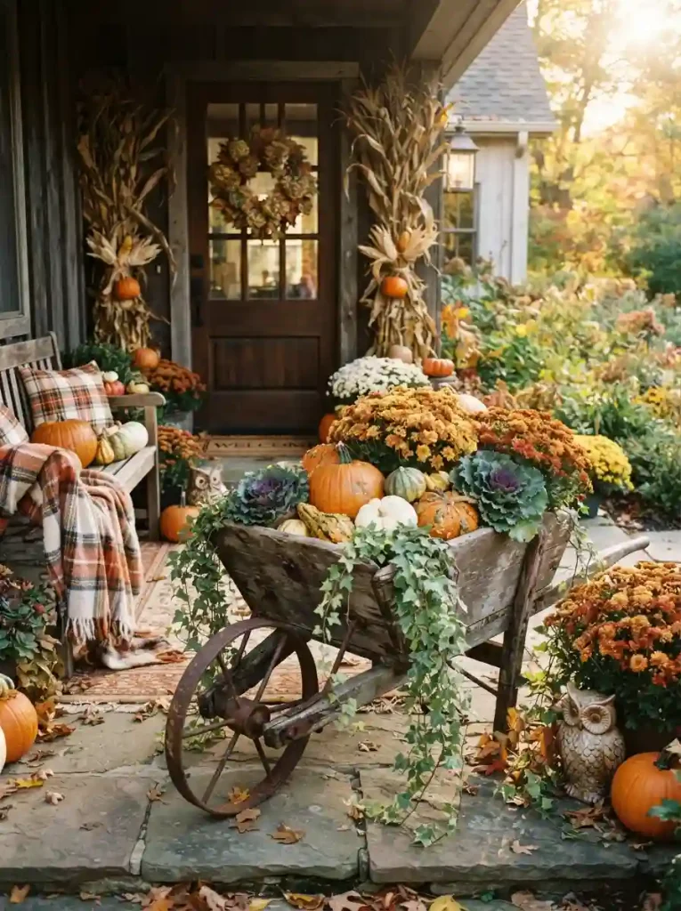 1. Rustic Wheelbarrow Pumpkin Planter