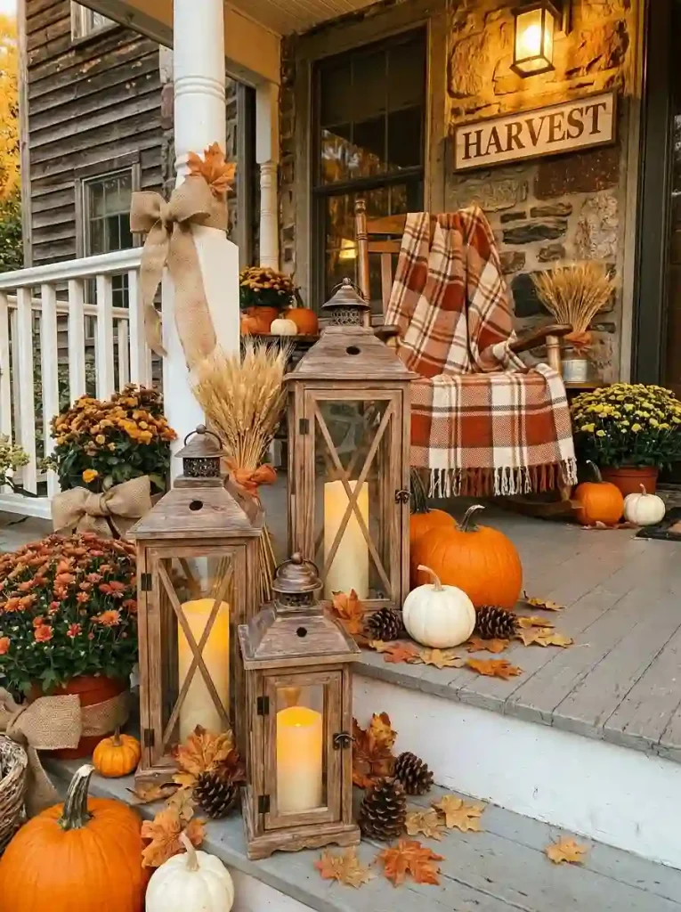 1. Rustic Wooden Lanterns with Pumpkin Layers