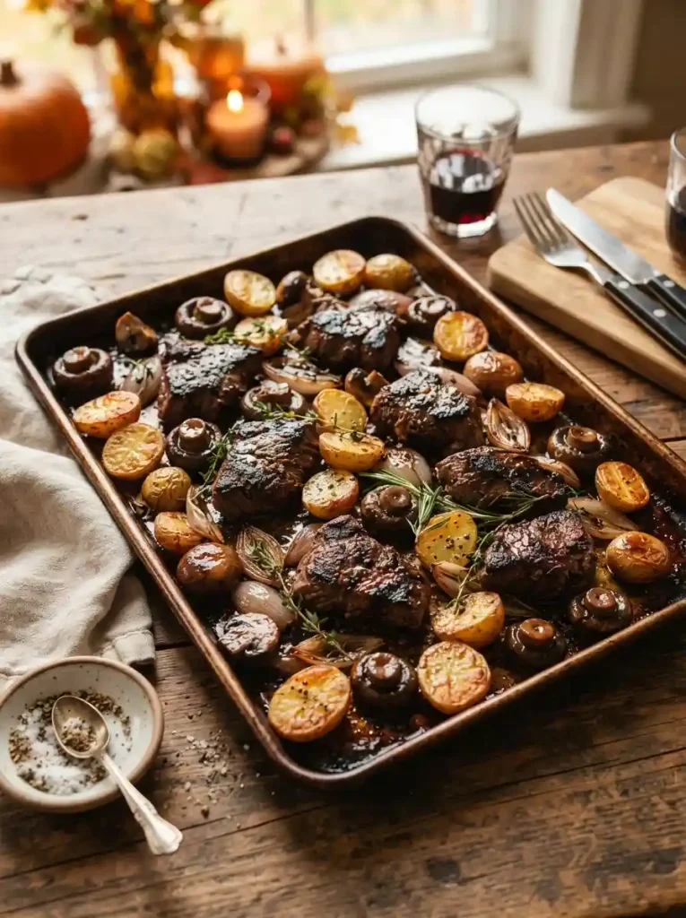 10. Balsamic Steak Tips with Mushrooms and Potatoes