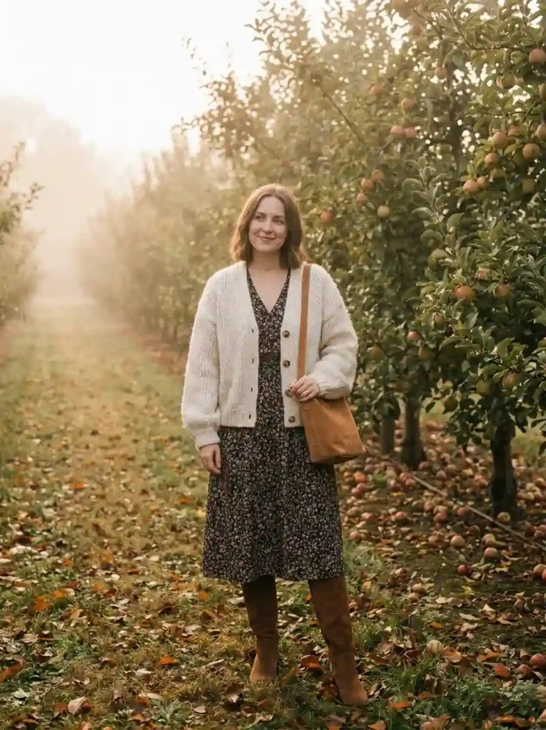 10. Cream Cardigan over a Floral Dress
