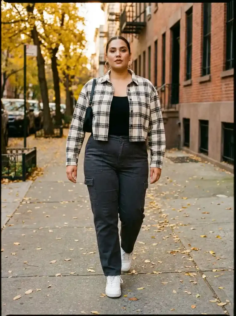 10. Cropped Plaid with Modern Cargo Pants