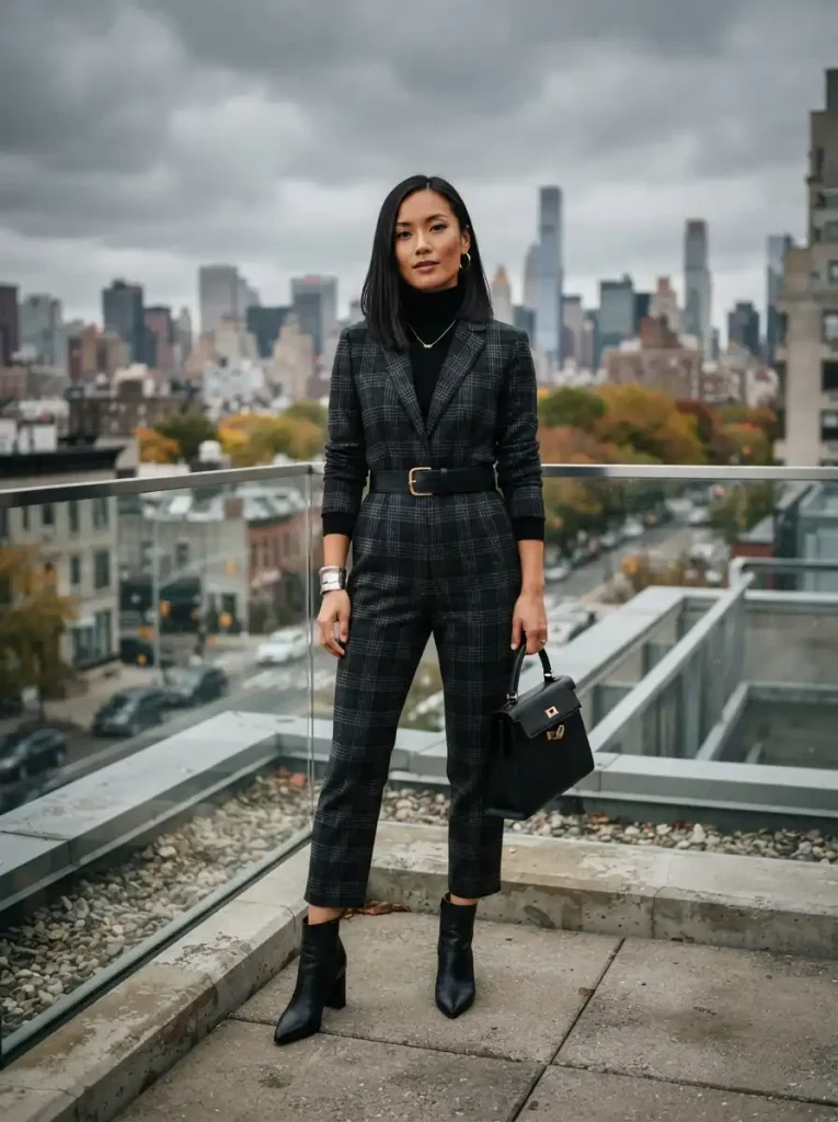 10. Monochrome Plaid Jumpsuit Energy
