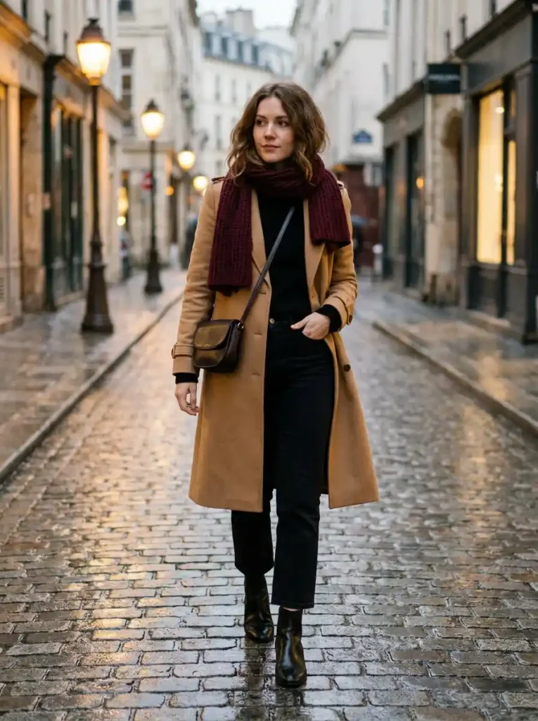 11. Camel Trench & Black Jeans
