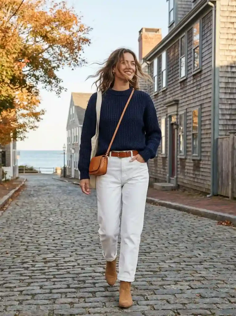 11. Navy Sweater with White Jeans