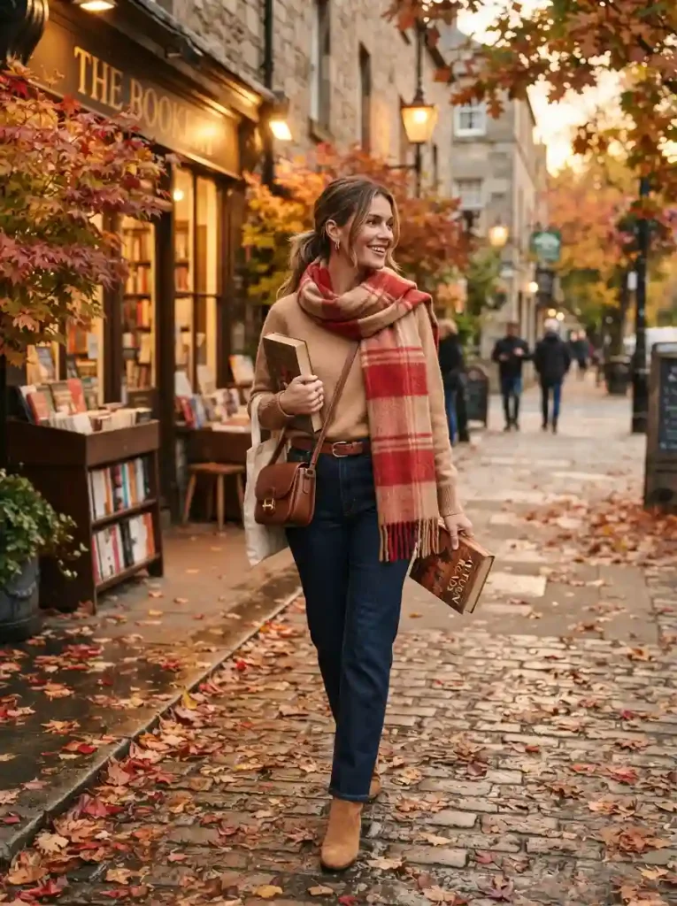 11. Plaid Scarf, Denim, and Camel Knit