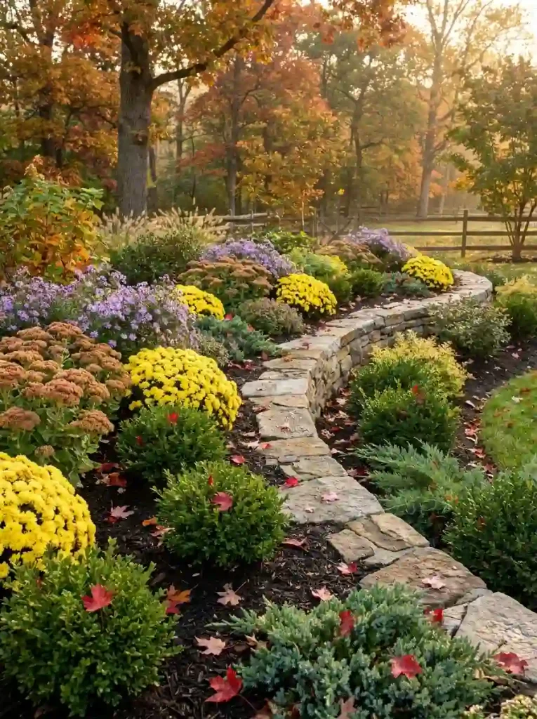 11. Stone-Edged Flower Beds With Rich Fall Layers
