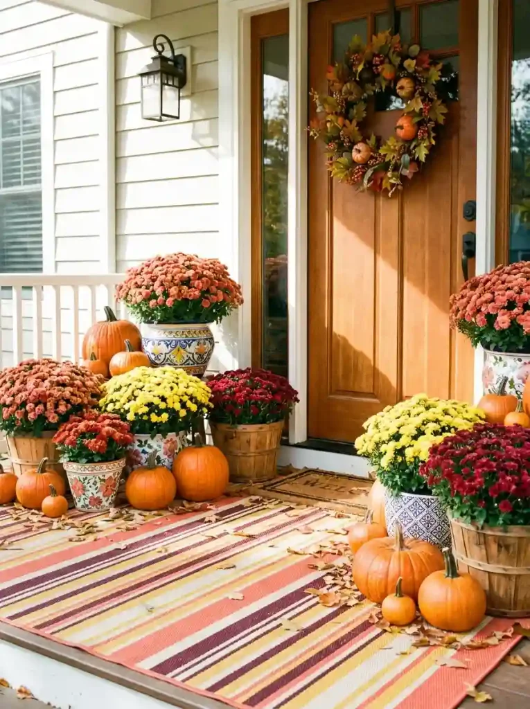 12. Layer a Colorful Mums-and-Pumpkins Display