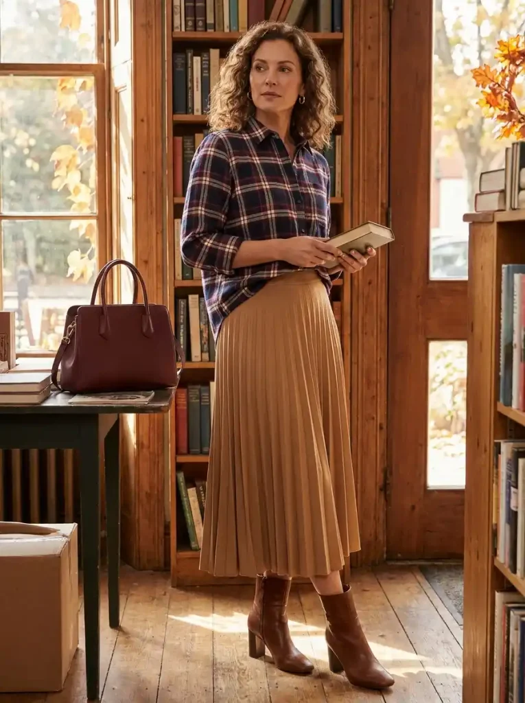 12. Pleated Camel Skirt with Rich Burgundy Plaid