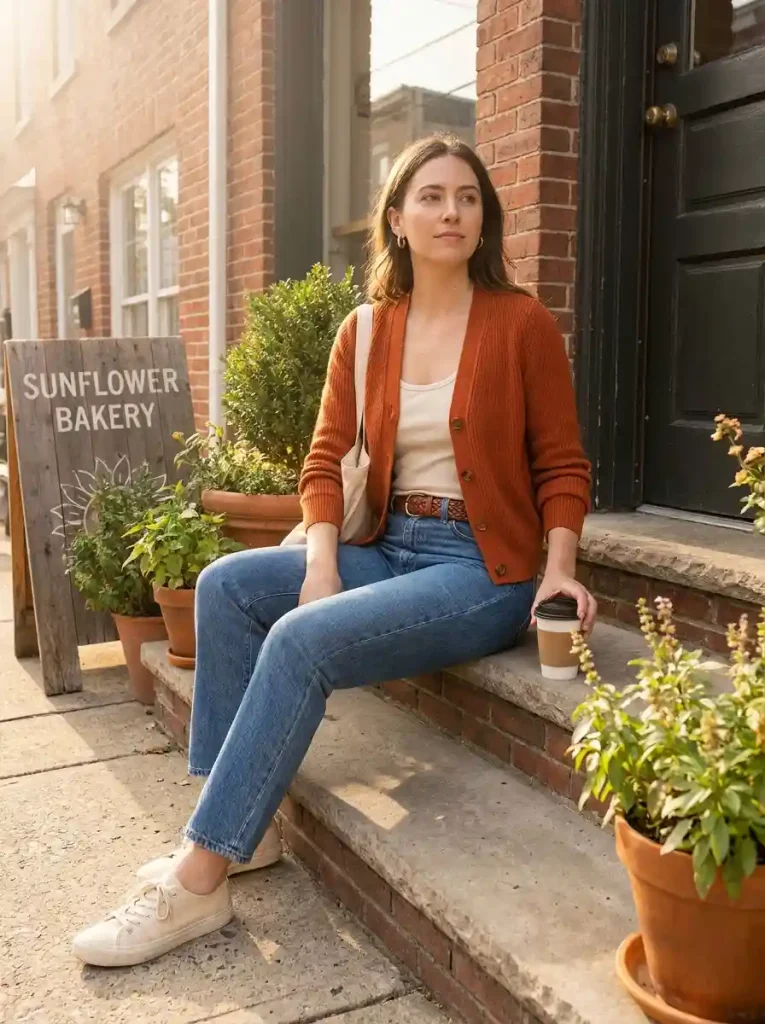 12. Rust Cardigan with Straight Denim