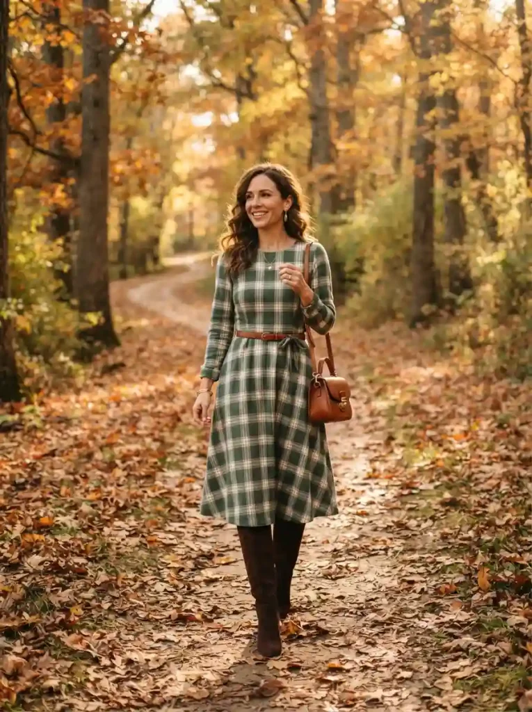 12. Soft Plaid Dress With Knee-High Boots