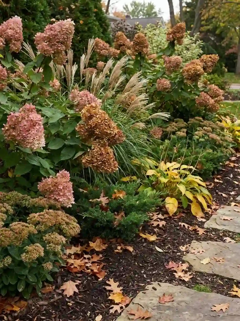13. Autumn Hydrangea and Evergreen Shrub Border