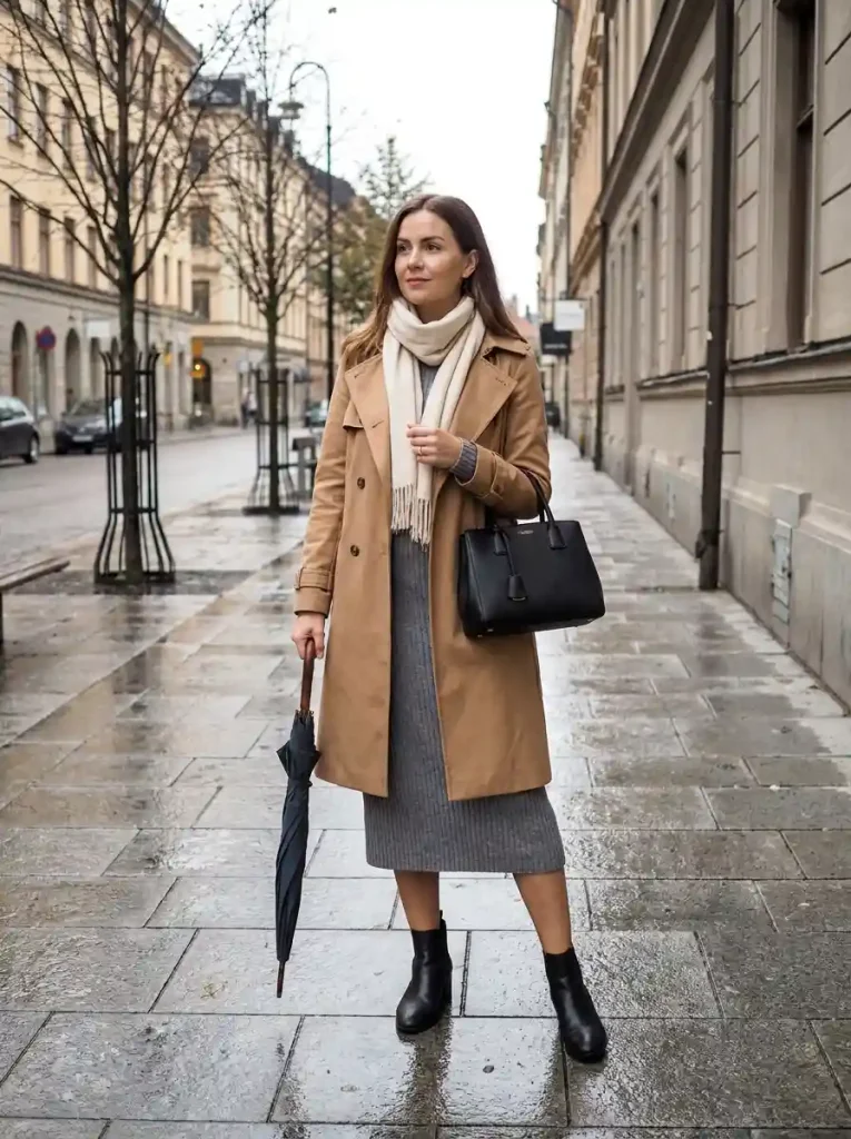 13. Camel Trench over a Knit Dress