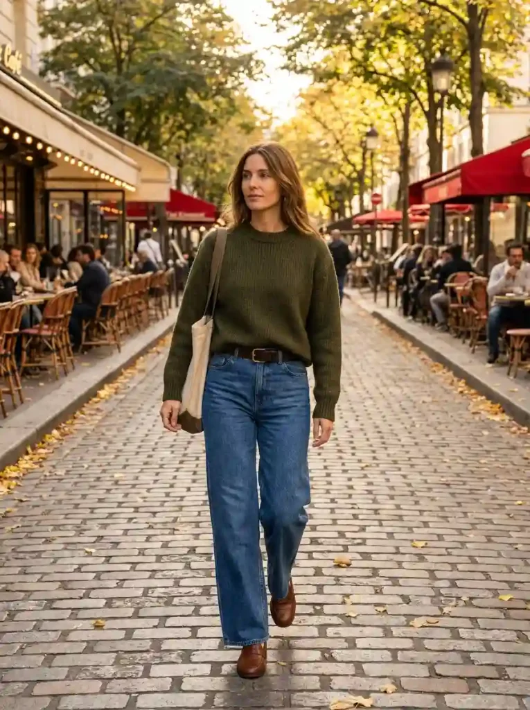 13. Classic Crewneck and Wide-Leg Denim