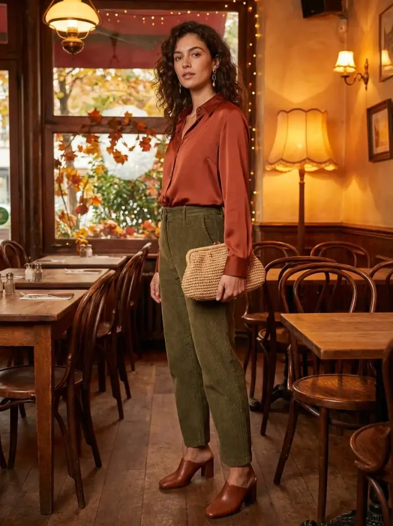 13. Rust Blouse & Corduroy Pants