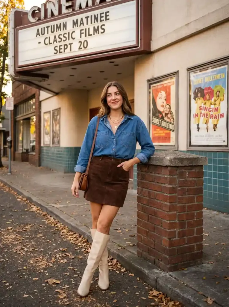 14. Denim Shirt with Suede Mini Skirt