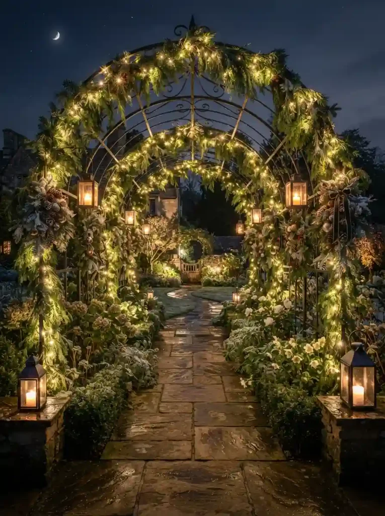14. Elegant White Lights Around a Garden Arbor
