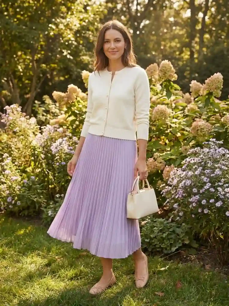 14. Feminine Pearl-Button Cardigan and Pleated Skirt