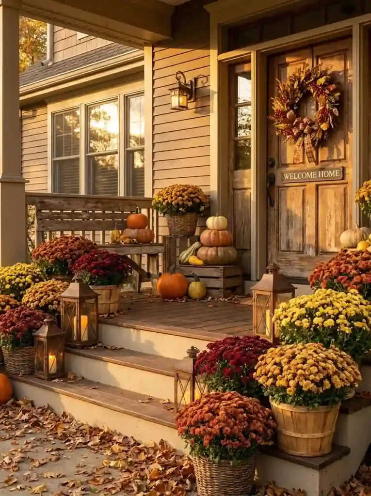 14. Lanterns Paired with Colorful Mums