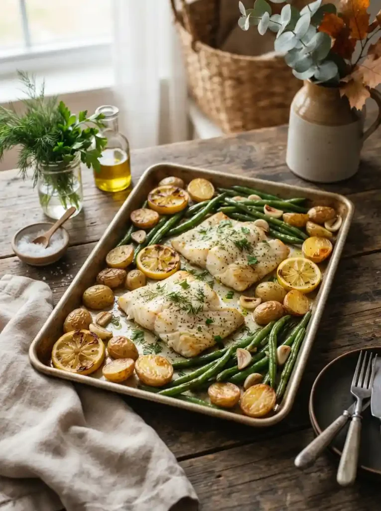 14. Lemon Herb Cod with Potatoes and Green Beans