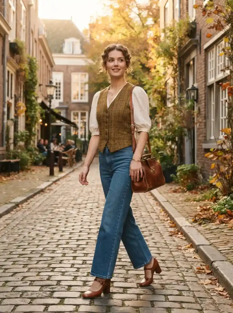 14. Vintage Plaid Waistcoat and Wide-Leg Denim