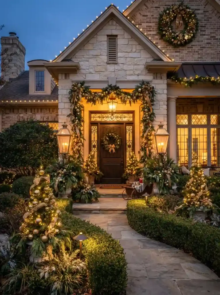 15. Elegant Gold and Evergreen Display