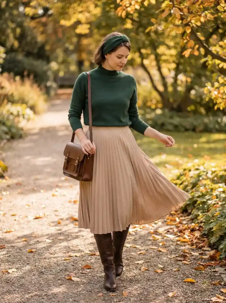 15. Forest Green Sweater with Pleated Skirt