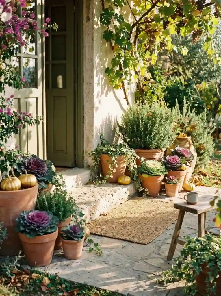 15. Mix Terracotta Pots With Autumn Greens