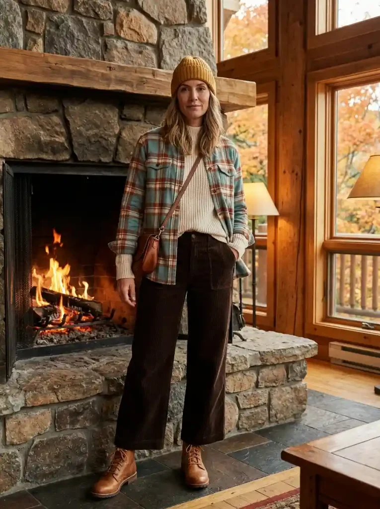 15. Teal Plaid and Corduroy Cabin Layers