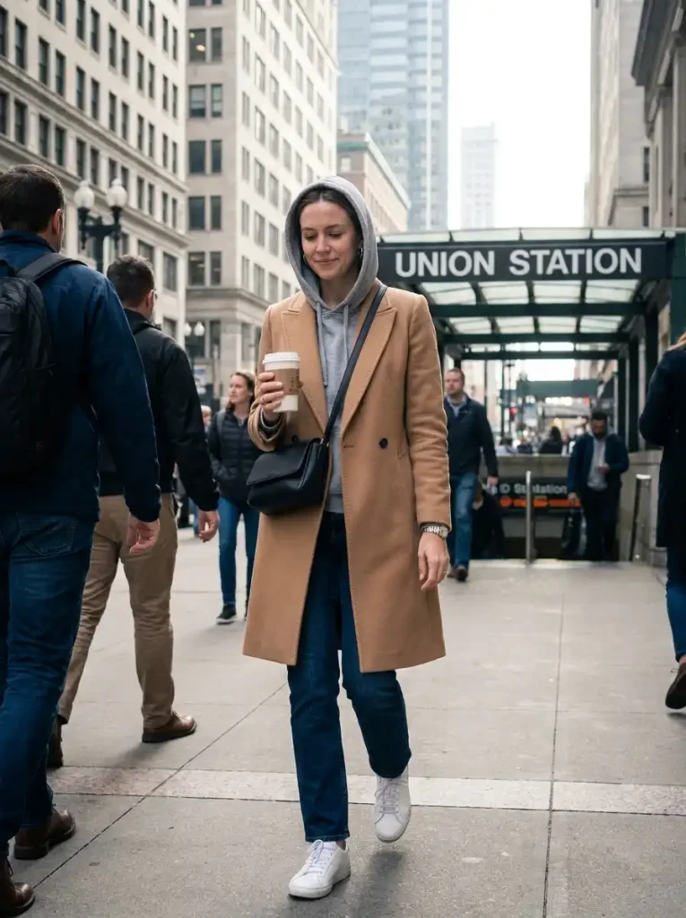 16. Gray Hoodie with Tailored Camel Coat