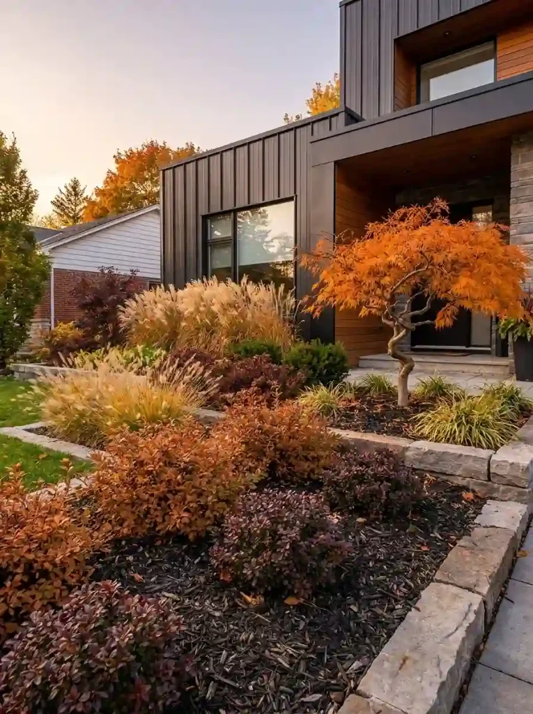 16. Warm Copper Tones With Fall Foliage Shrubs