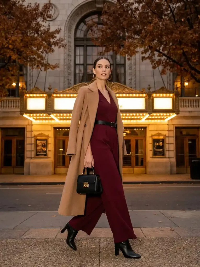 17. Burgundy Jumpsuit & Wool Coat