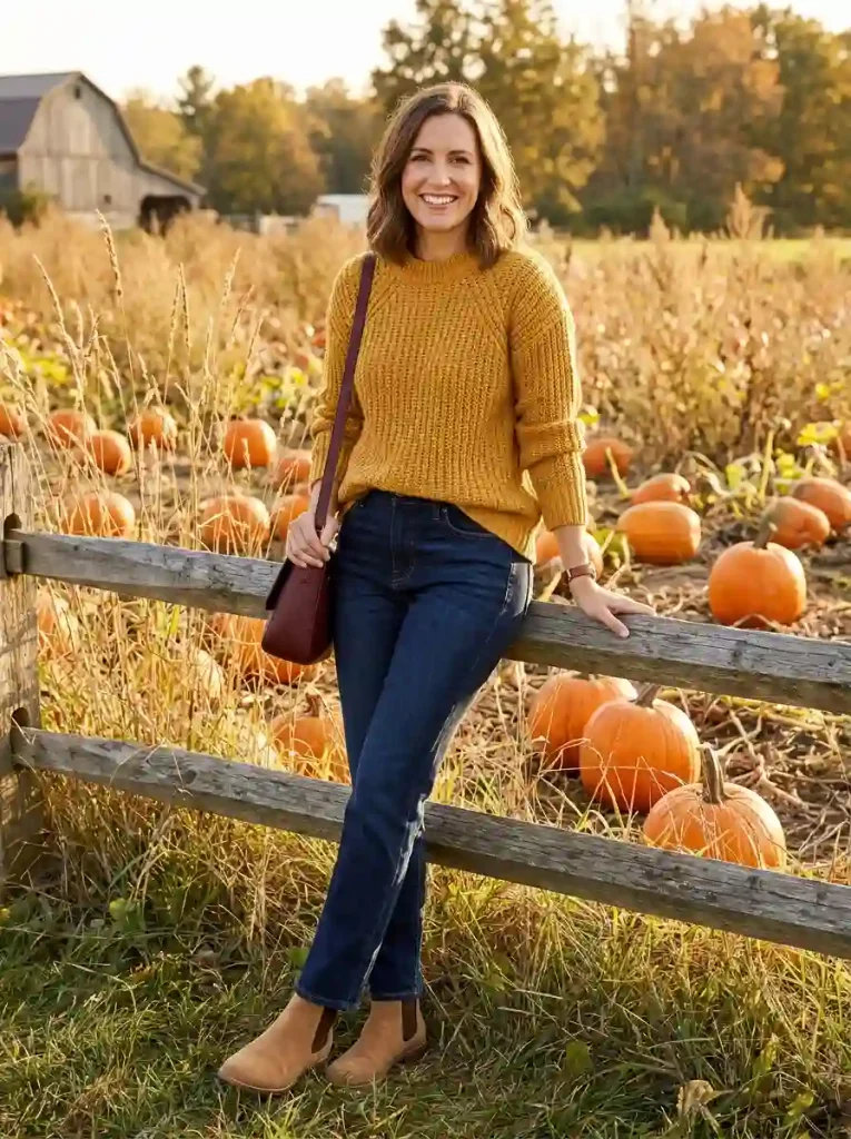 17. Mustard Sweater with Dark Denim