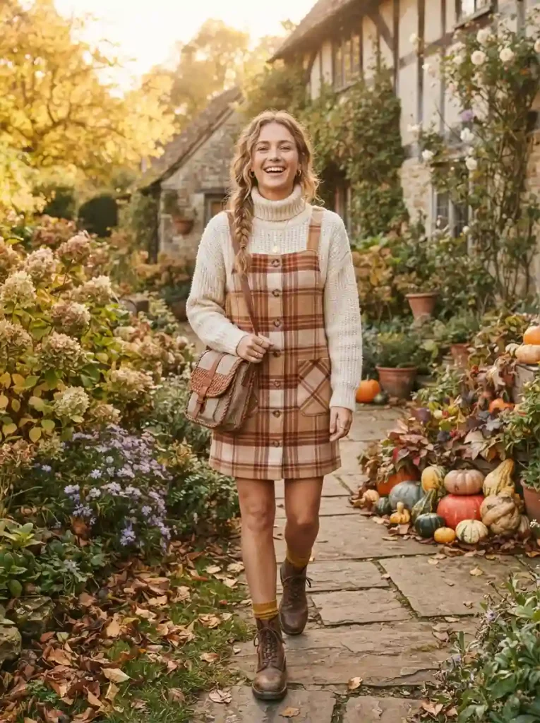 17. Plaid Pinafore With a Chunky Sweater