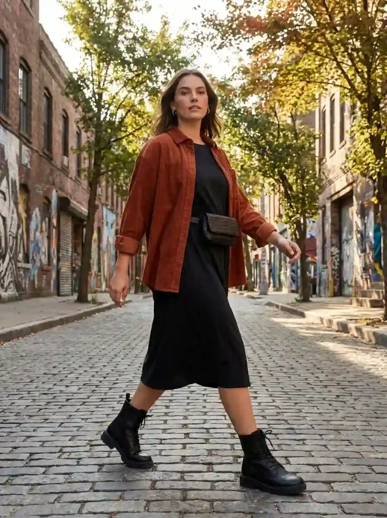 18. Black Dress with Rust Overshirt