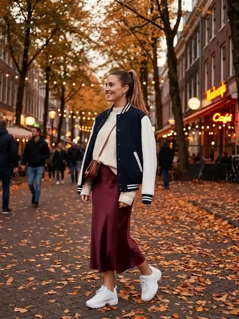 18. Varsity Jacket & Midi Skirt