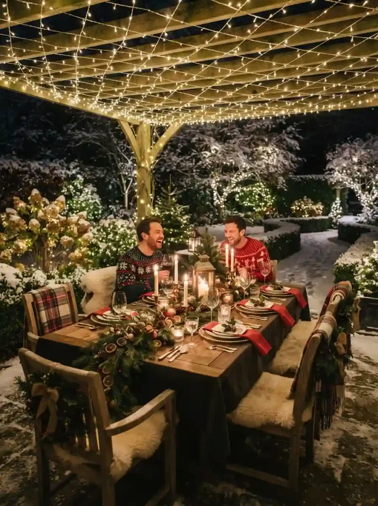 19. A Cozy Outdoor Dining Table Under Lights