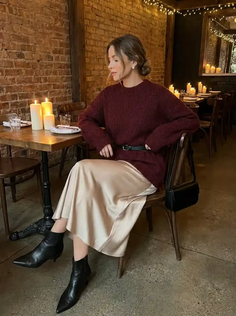 2. Burgundy Sweater & Satin Skirt