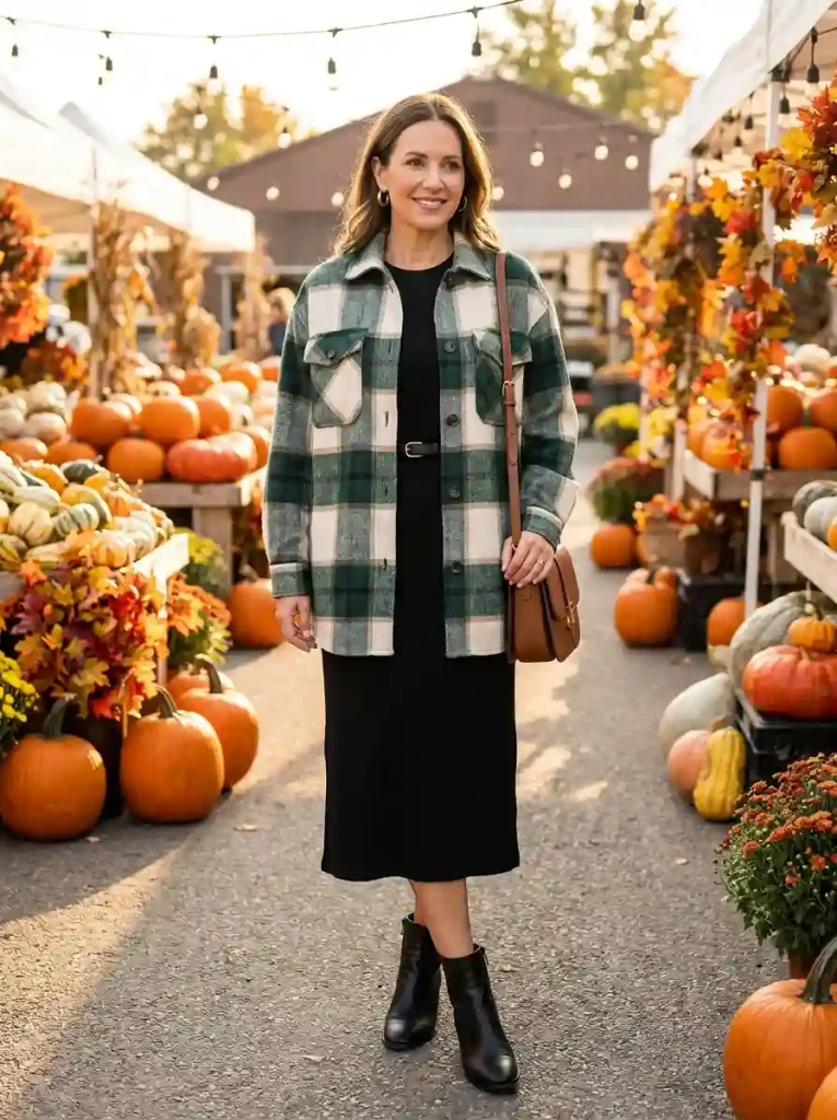 2. Forest Plaid Over a Feminine Midi Dress