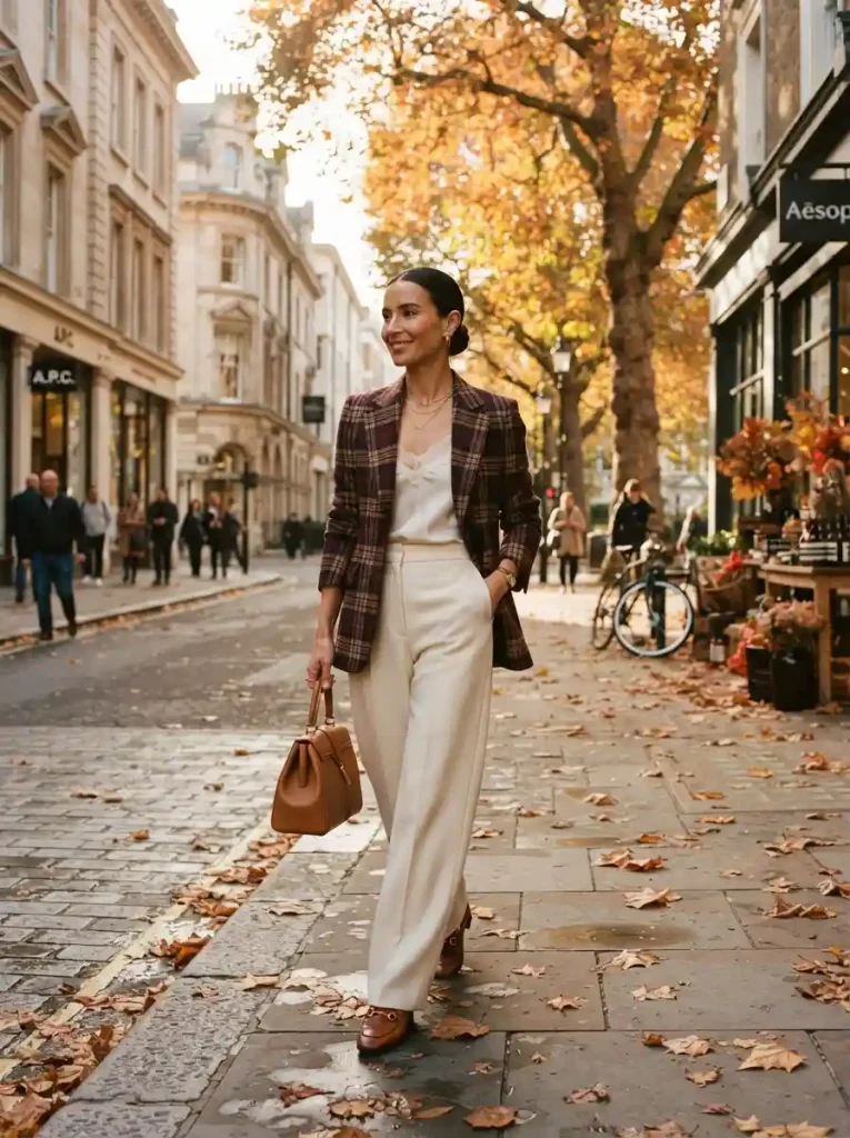 2. Polished Plaid Blazer and Cream Trousers