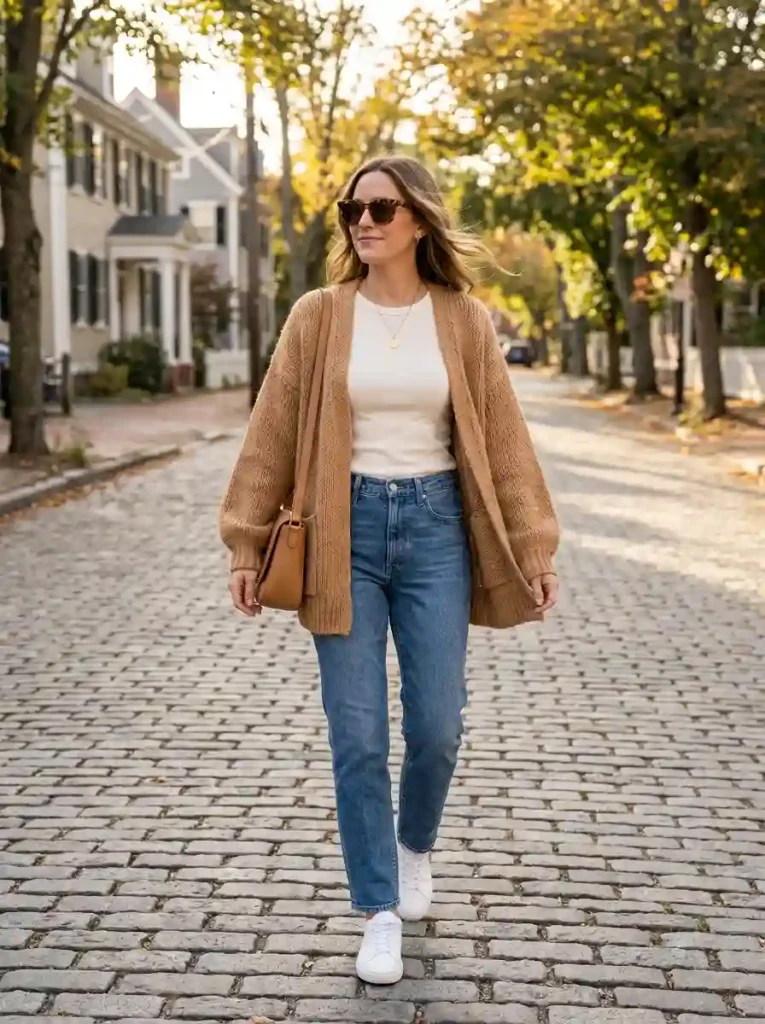 2. Relaxed Jeans with a Camel Cardigan