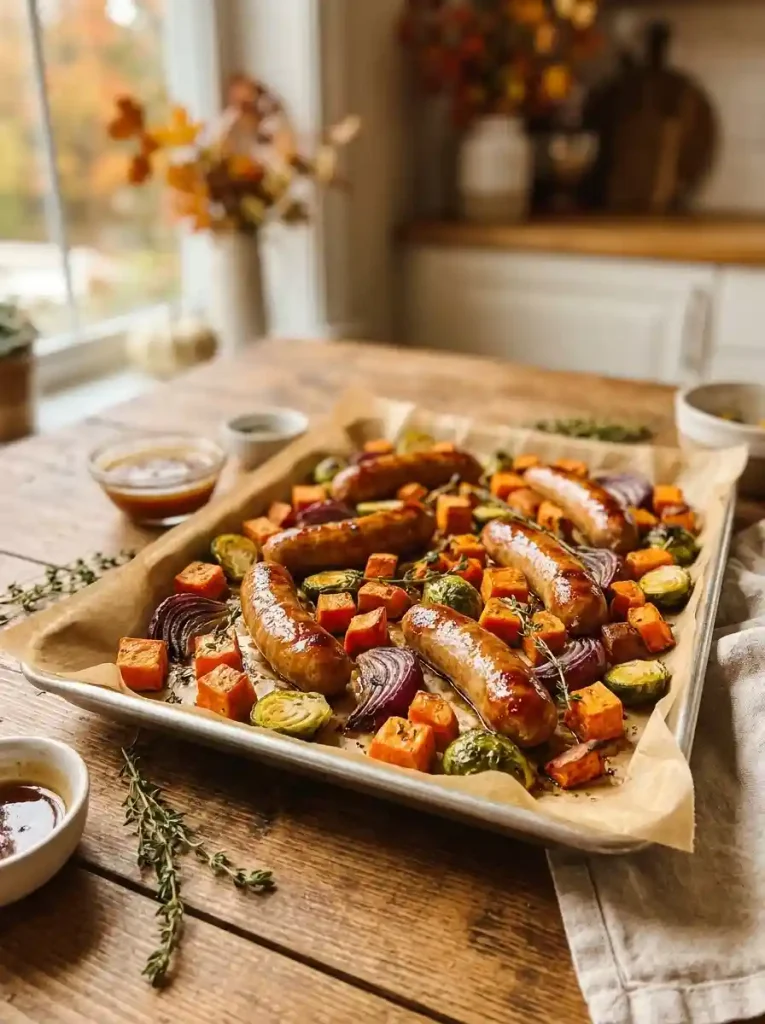 2. Sheet-Pan Maple Dijon Sausage and Sweet Potatoes
