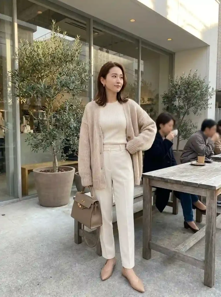 2. Soft Neutral Monochrome Cardigan Look